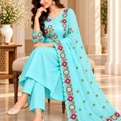 Aqua Blue Floral Embroidered Anarkali Set