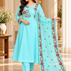 Aqua Blue Floral Embroidered Anarkali Set