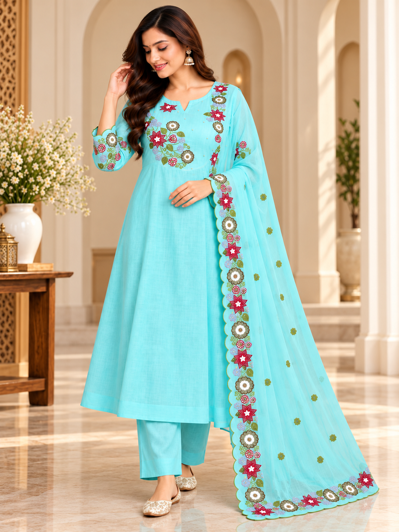 Aqua Blue Floral Embroidered Anarkali Set