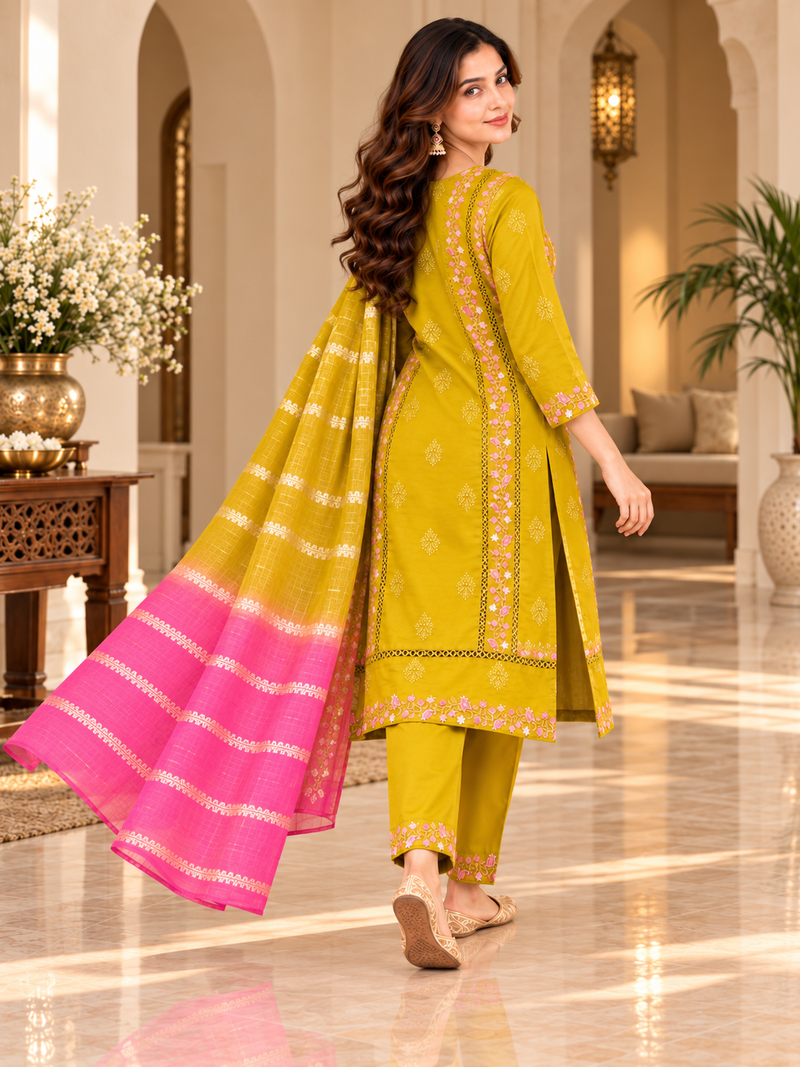 Mustard Yellow Embroidered Suit Set