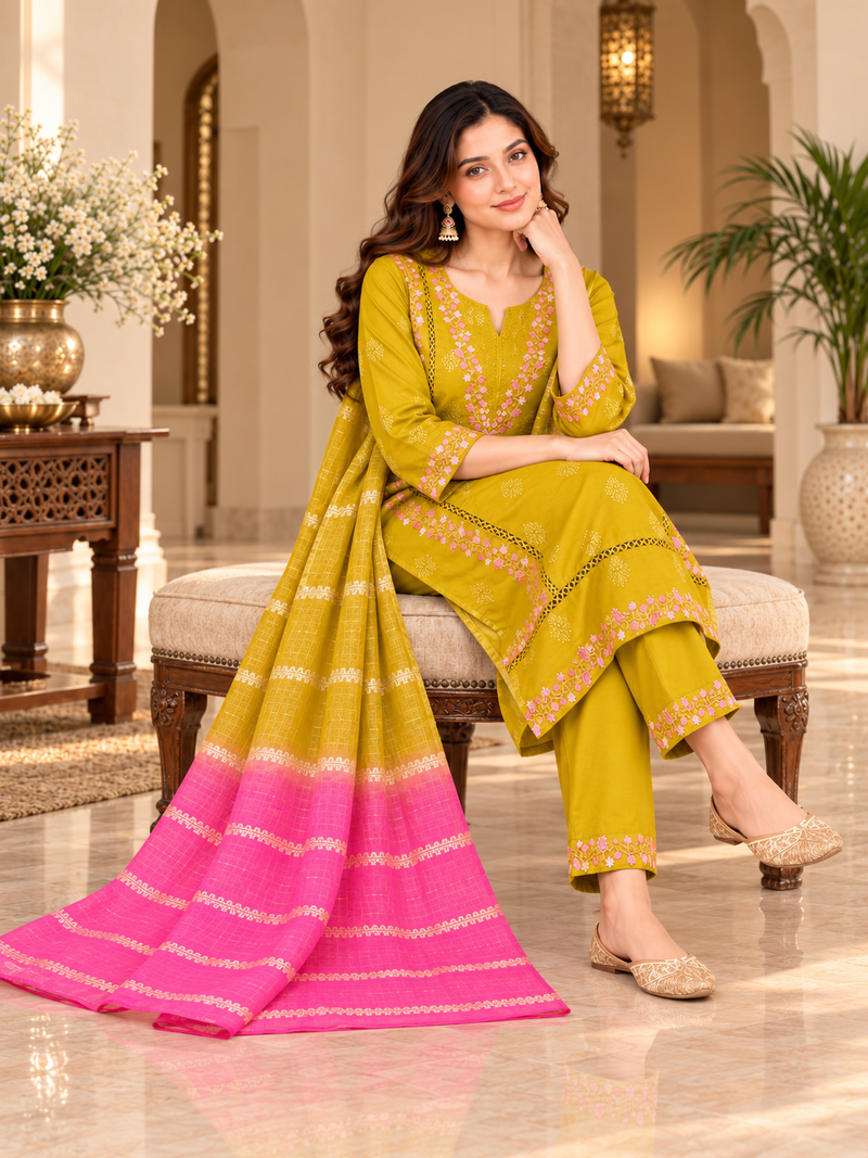 Mustard Yellow Embroidered Suit Set