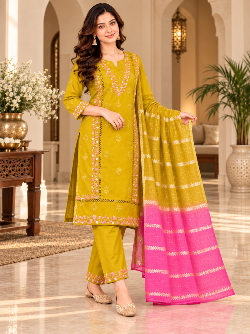 Mustard Yellow Embroidered Suit Set