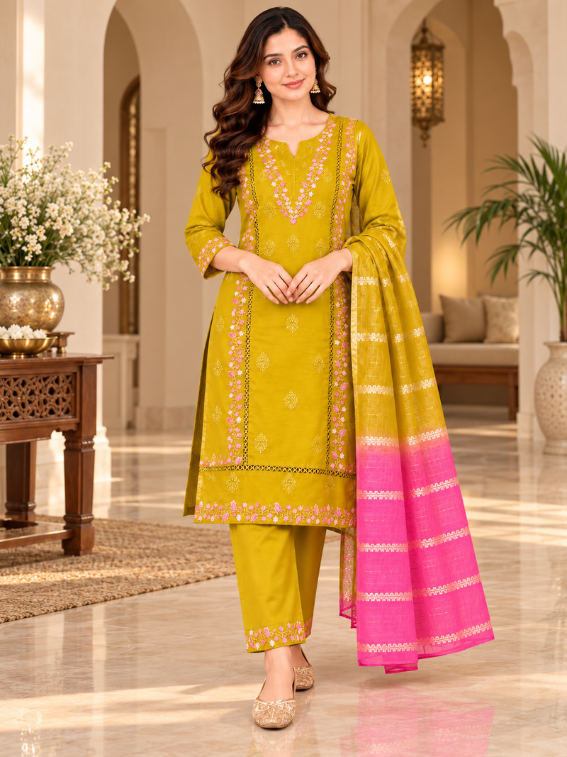 Mustard Yellow Embroidered Suit Set