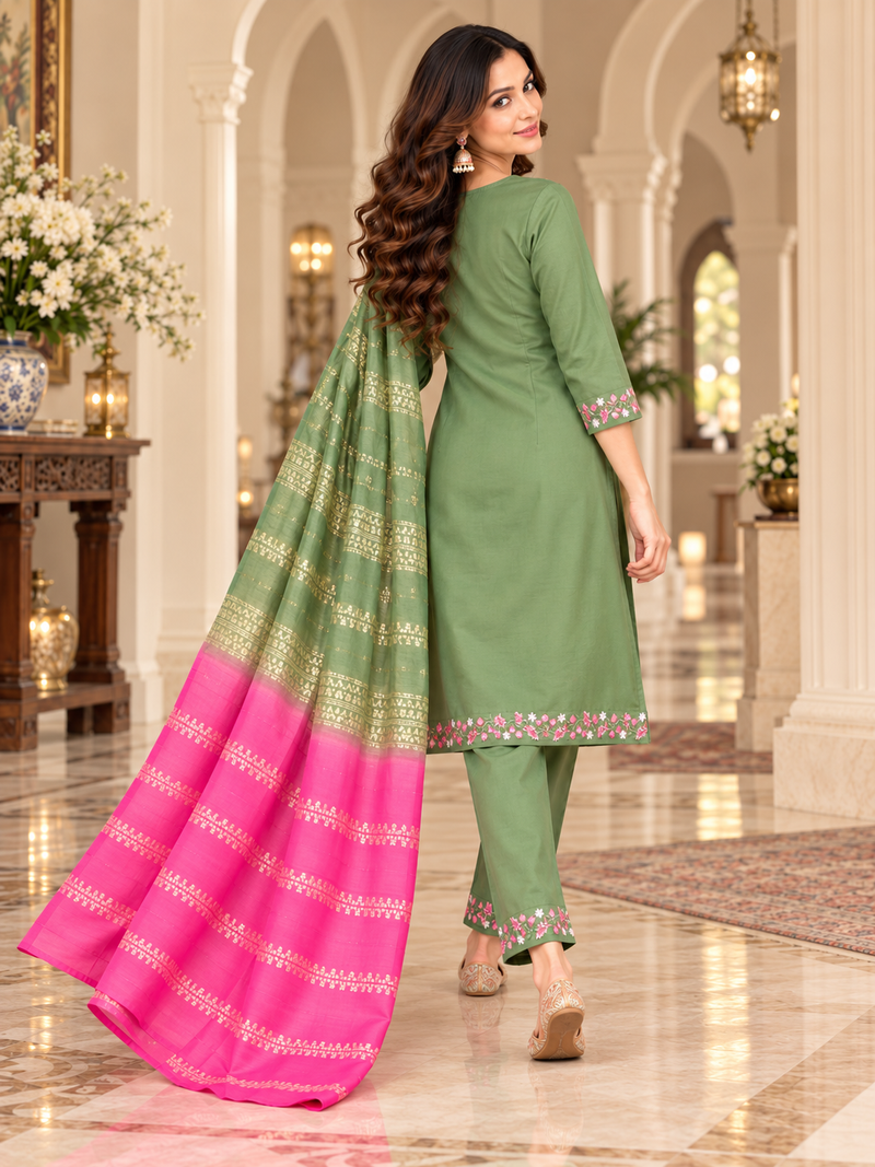 Sage Green Embroidered Suit with Dupatta