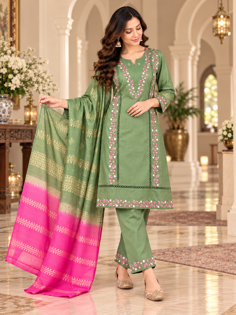 Sage Green Embroidered Suit with Dupatta