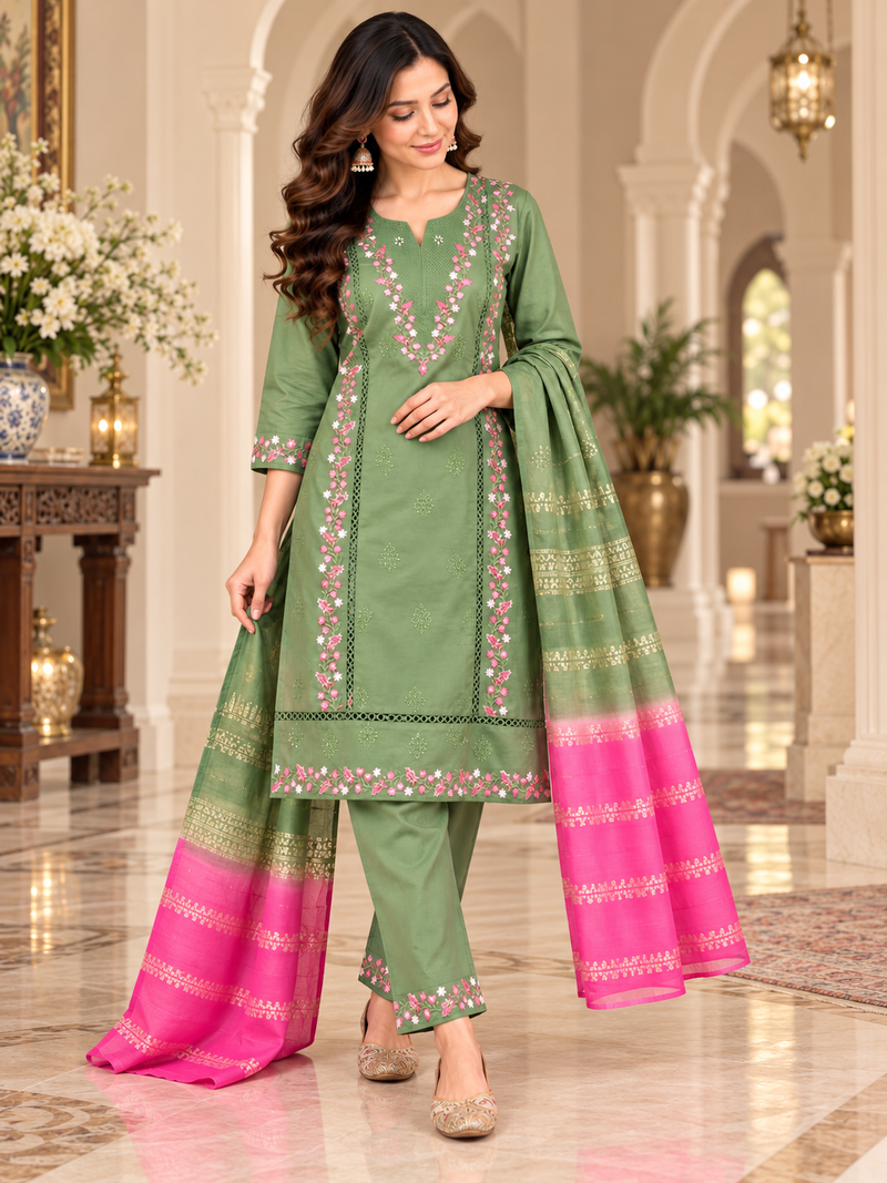 Sage Green Embroidered Suit with Dupatta
