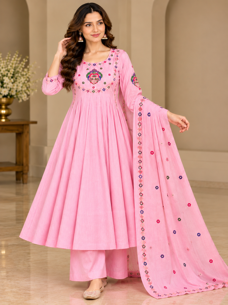 Pink Floral Embroidered Anarkali Suit with Palazzo