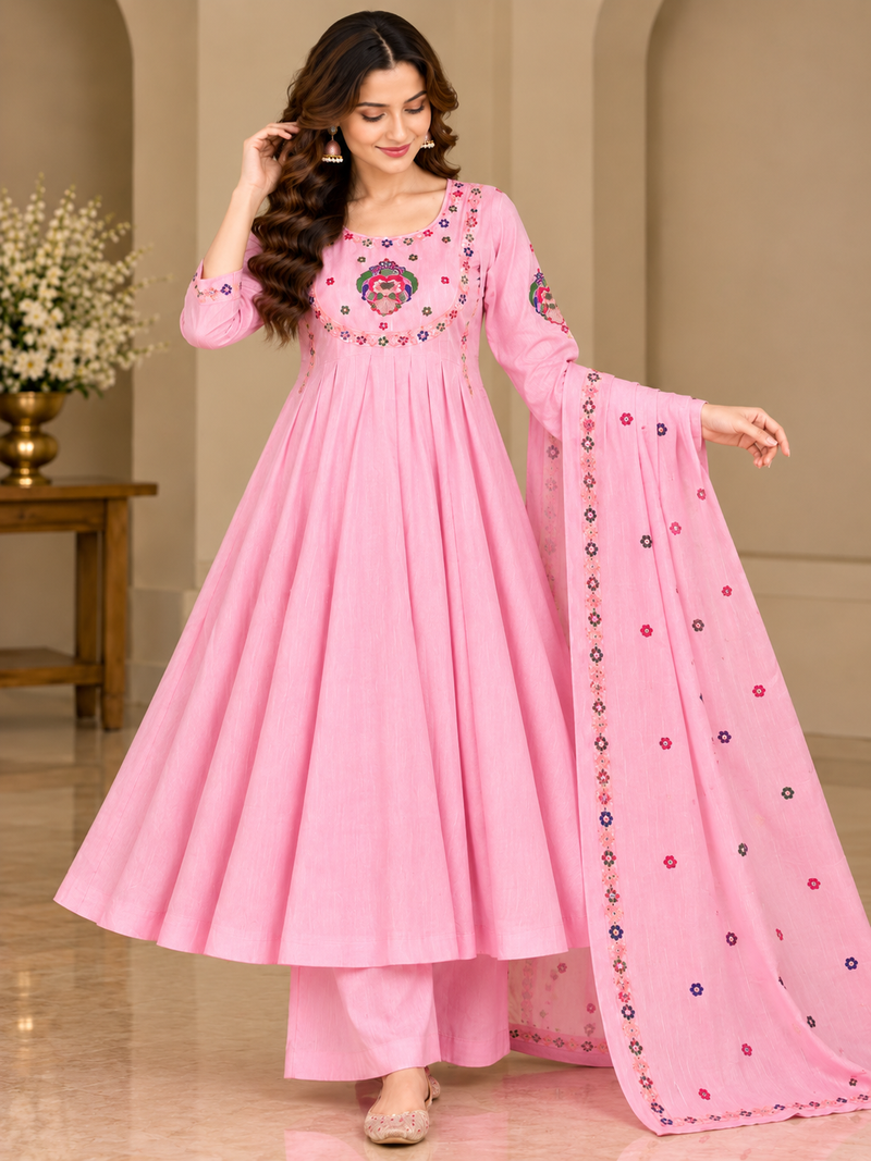 Pink Floral Embroidered Anarkali Suit with Palazzo