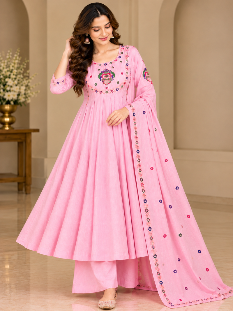 Pink Floral Embroidered Anarkali Suit with Palazzo