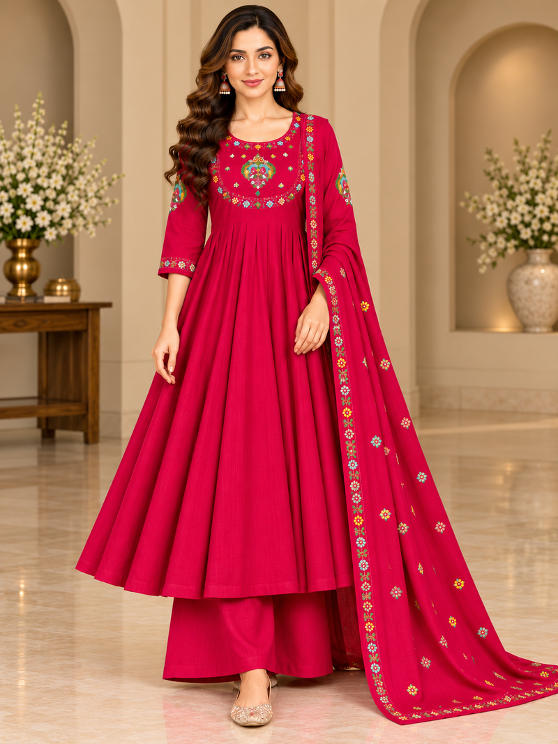 Red Floral Embroidered Anarkali Set