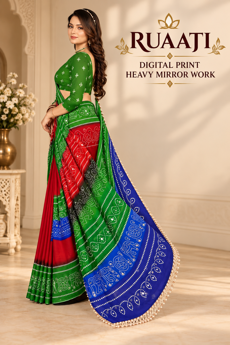 Multi Color Georgette Saree with Digital Print & Heavy Mirror Work