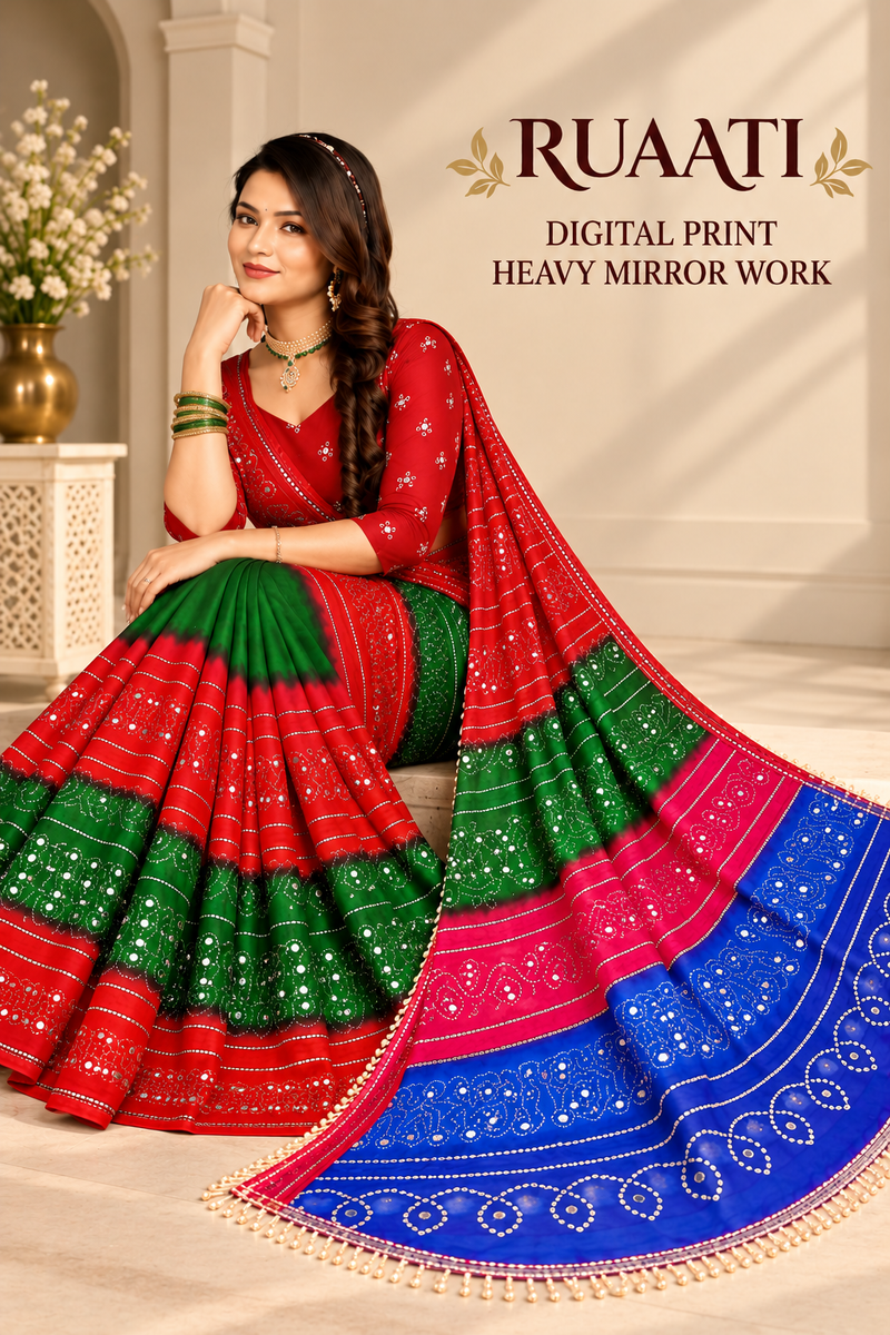 Multi Color Georgette Saree with Digital Print & Heavy Mirror Work