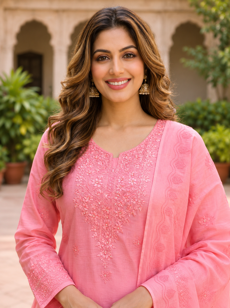 Pink Embroidered Straight Suit Set with Dupatta