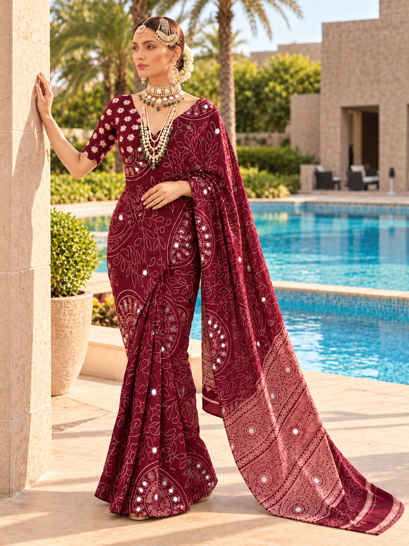 Wine Modal Silk Saree with Mirror Work & Designer Border