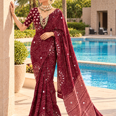 Wine Modal Silk Saree with Mirror Work & Designer Border