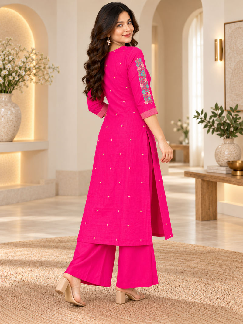 Bright Pink Embroidered Kurta Set