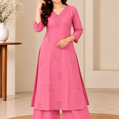 Pink Embroidered Cotton Kurta Set