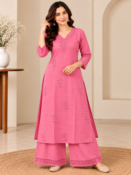 Pink Embroidered Cotton Kurta Set