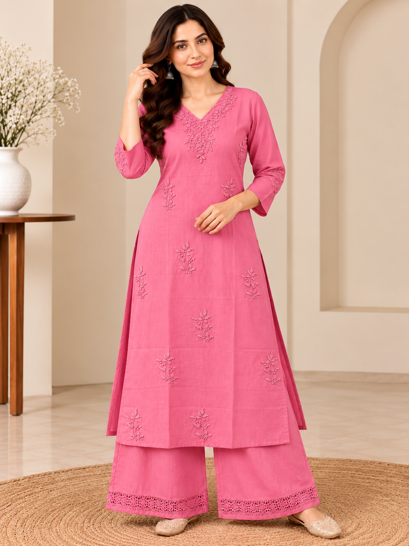 Pink Embroidered Cotton Kurta Set