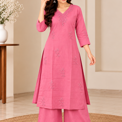 Pink Embroidered Cotton Kurta Set