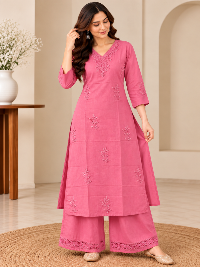 Pink Embroidered Cotton Kurta Set