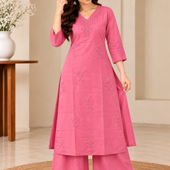 Pink Embroidered Cotton Kurta Set