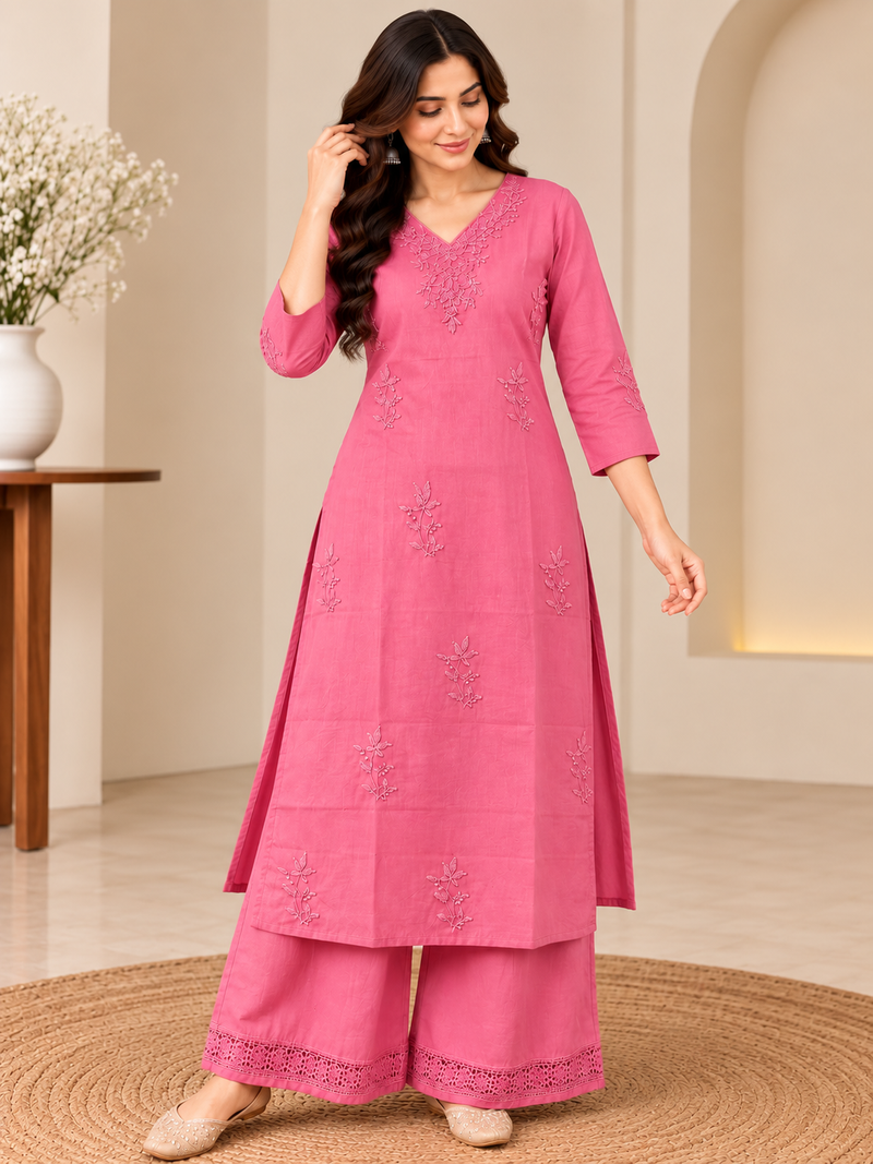 Pink Embroidered Cotton Kurta Set