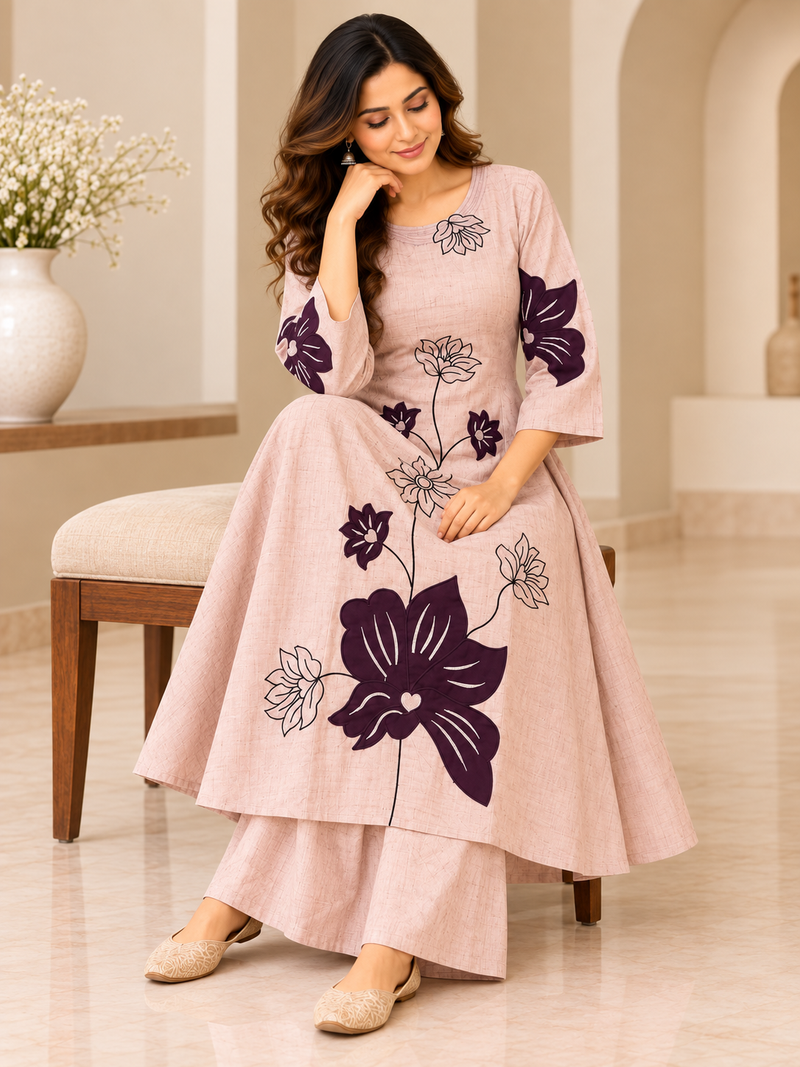 Blush Pink Floral Embroidered Kurta Palazzo Set