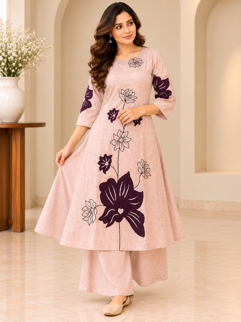 Blush Pink Floral Embroidered Kurta Palazzo Set