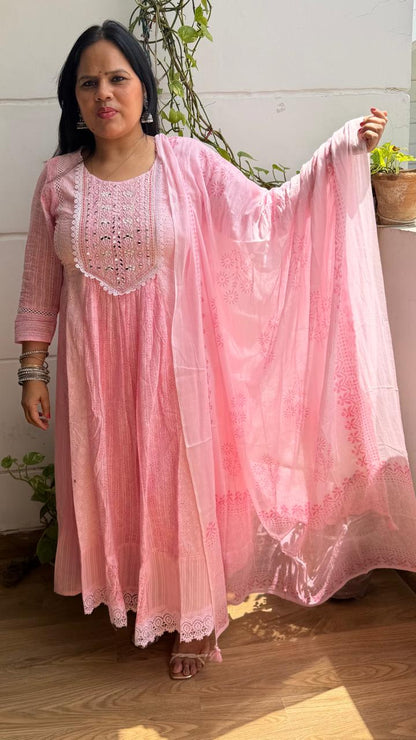 Ruaati Women Mul Cotton Baby Pink Embroidered Anarkali Suit Set with Dupatta