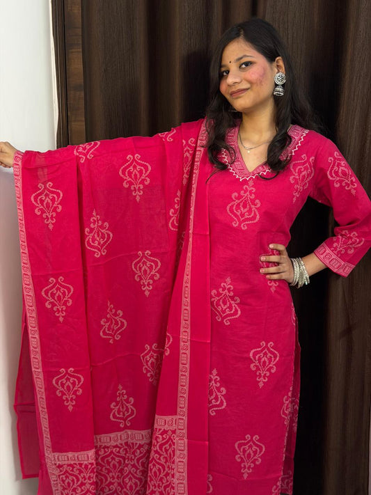 Ruaati Women Magenta Embroidered Kurta Pant Set with Dupatta
