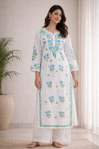 Ruaati Women White Floral Embroidered Chikankari Kurti – Modal Ethnic Wear with Blue & Green Threadwork