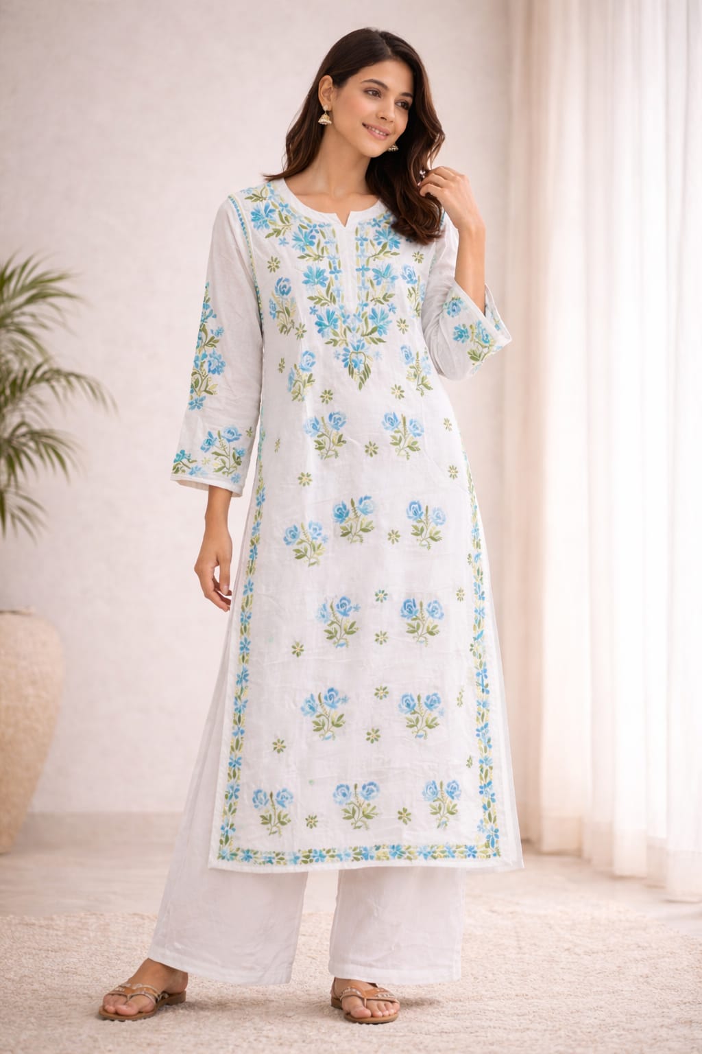 Ruaati Women White Floral Embroidered Chikankari Kurti – Modal Ethnic Wear with Blue & Green Threadwork