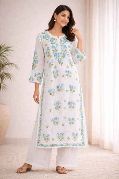 Ruaati Women White Floral Embroidered Chikankari Kurti – Modal Ethnic Wear with Blue & Green Threadwork