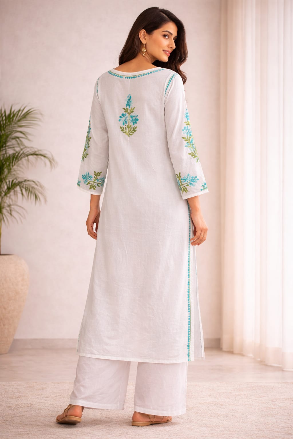 Ruaati Women White Floral Embroidered Chikankari Kurti – Modal Ethnic Wear with Blue & Green Threadwork