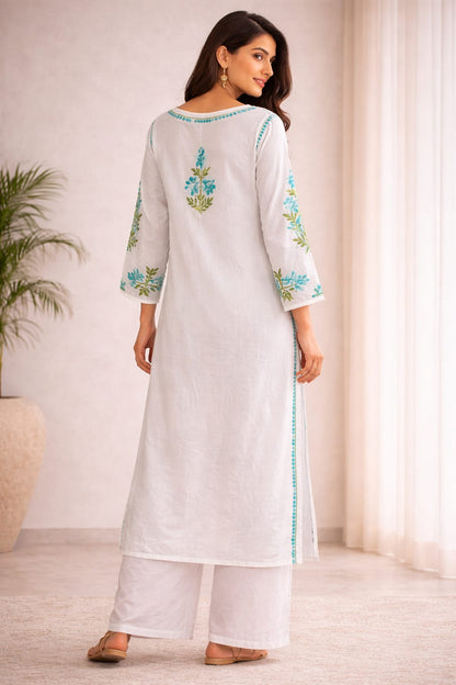 Ruaati Women White Floral Embroidered Chikankari Kurti – Modal Ethnic Wear with Blue & Green Threadwork