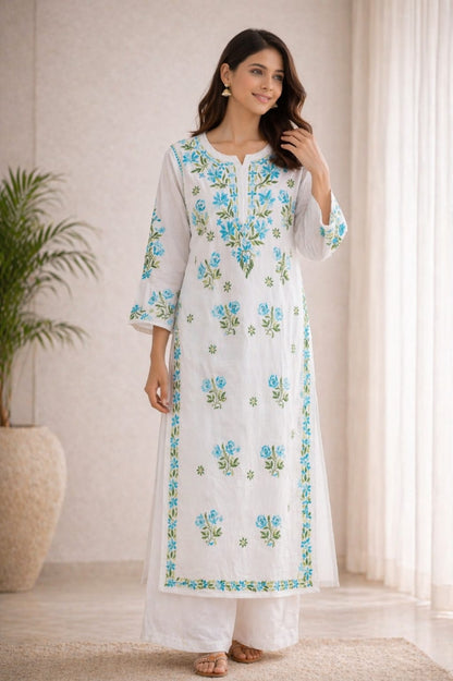 Ruaati Women White Floral Embroidered Chikankari Kurti – Modal Ethnic Wear with Blue & Green Threadwork