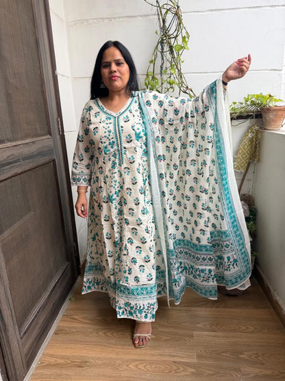 Ruaati Women Mul Cotton Cream & Teal Floral Printed Anarkali Suit Set with Dupatta