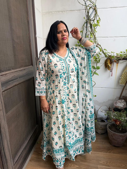 Ruaati Women Mul Cotton Cream & Teal Floral Printed Anarkali Suit Set with Dupatta