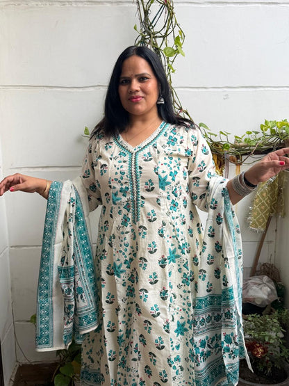 Ruaati Women Mul Cotton Cream & Teal Floral Printed Anarkali Suit Set with Dupatta