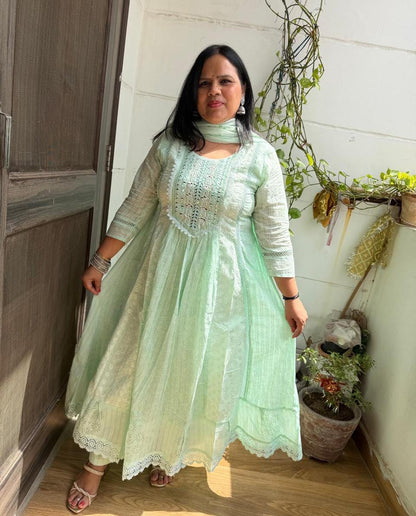 Ruaati Women Mul Cotton Mint Green Embroidered Anarkali Suit Set with Dupatta