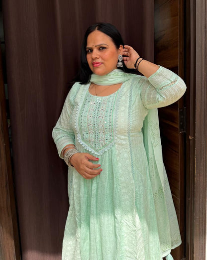 Ruaati Women Mul Cotton Mint Green Embroidered Anarkali Suit Set with Dupatta