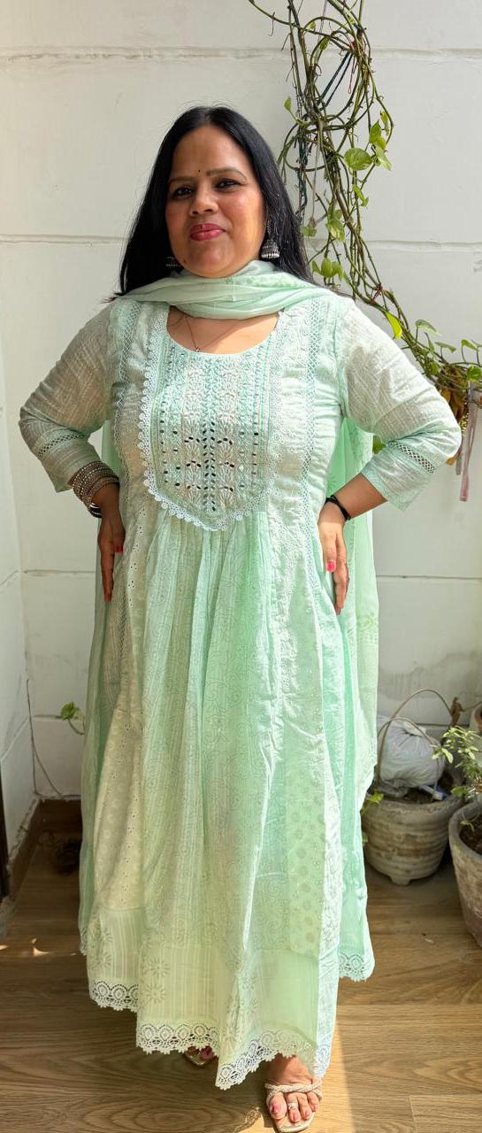 Ruaati Women Mul Cotton Mint Green Embroidered Anarkali Suit Set with Dupatta