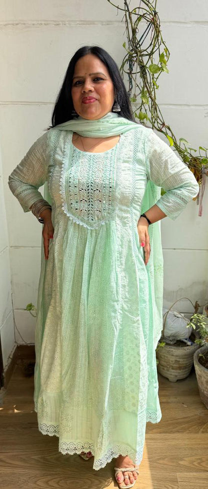 Ruaati Women Mul Cotton Mint Green Embroidered Anarkali Suit Set with Dupatta