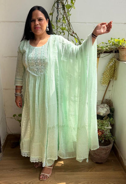 Ruaati Women Mul Cotton Mint Green Embroidered Anarkali Suit Set with Dupatta