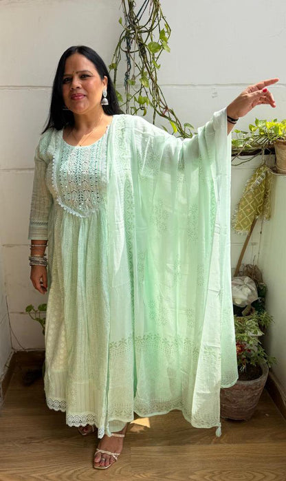 Ruaati Women Mul Cotton Mint Green Embroidered Anarkali Suit Set with Dupatta