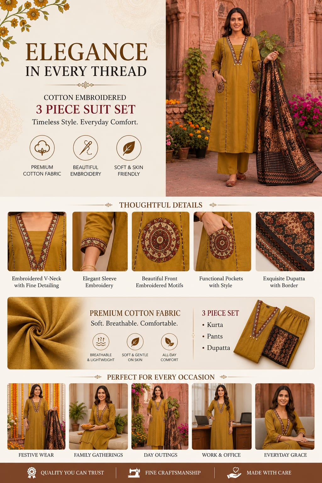 Ruaati Women Premium Mul Cotton Olive Green Printed Suit Set with Designer Dupatta