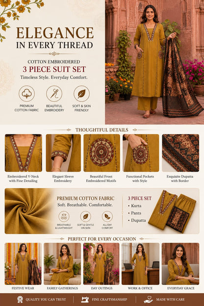 Ruaati Women Premium Mul Cotton Olive Green Printed Suit Set with Designer Dupatta