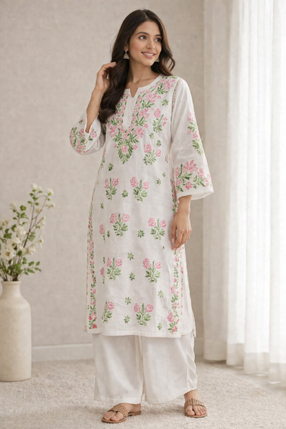 Ruaati Women White Floral Embroidered Chikankari Kurti – Modal Ethnic Wear with Pink & Green Threadwork