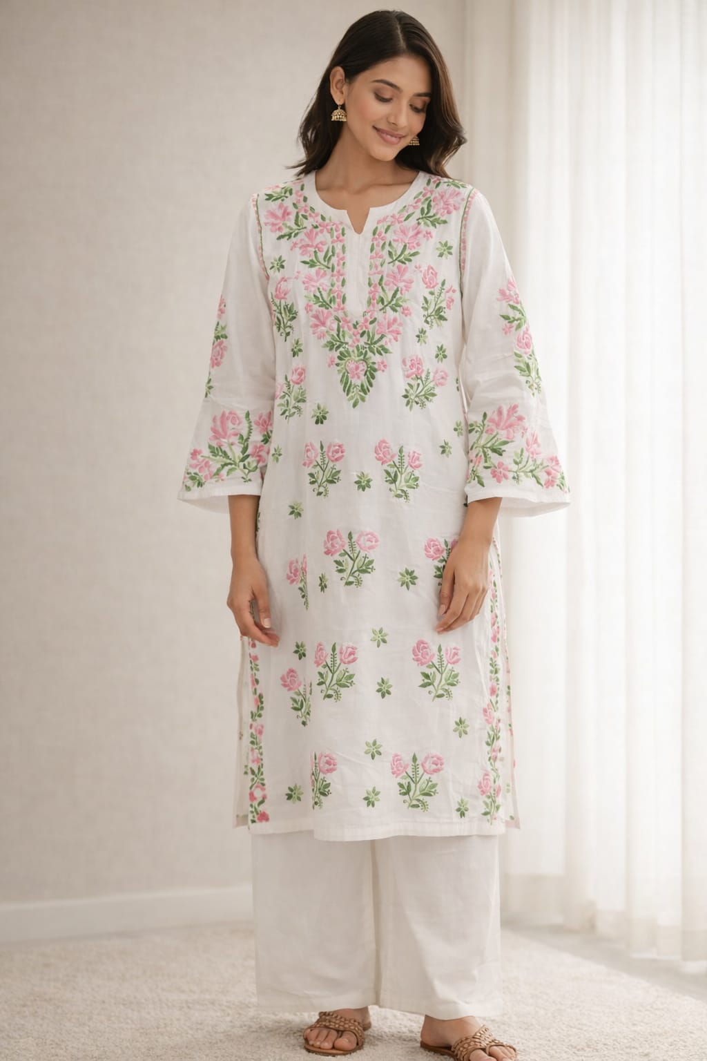 Ruaati Women White Floral Embroidered Chikankari Kurti – Modal Ethnic Wear with Pink & Green Threadwork